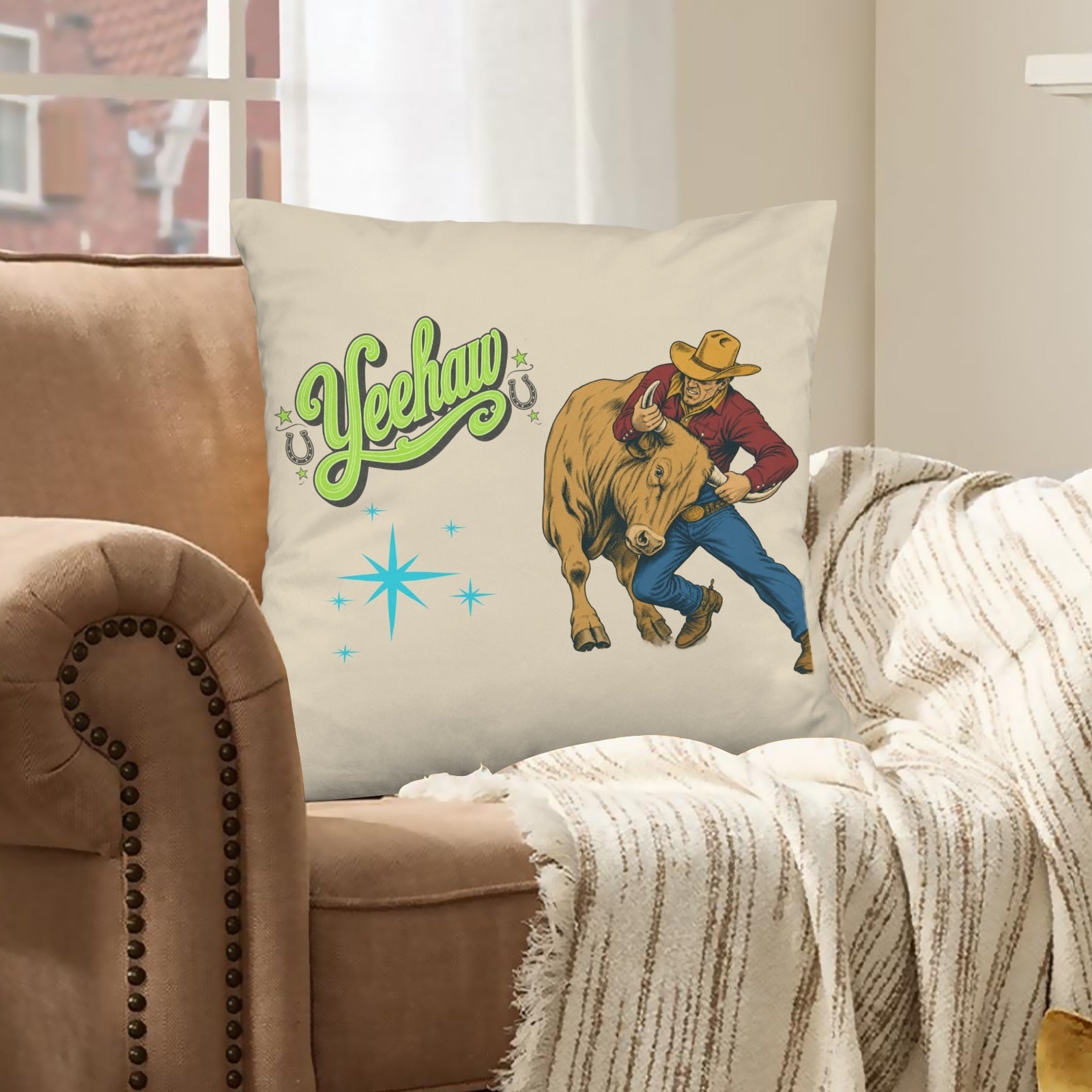 Baha Ranch The Last Roundup Steer Wrestler Velvety Soft Throw Pillow Cover Made in America by Baha Ranch Western Wear -...