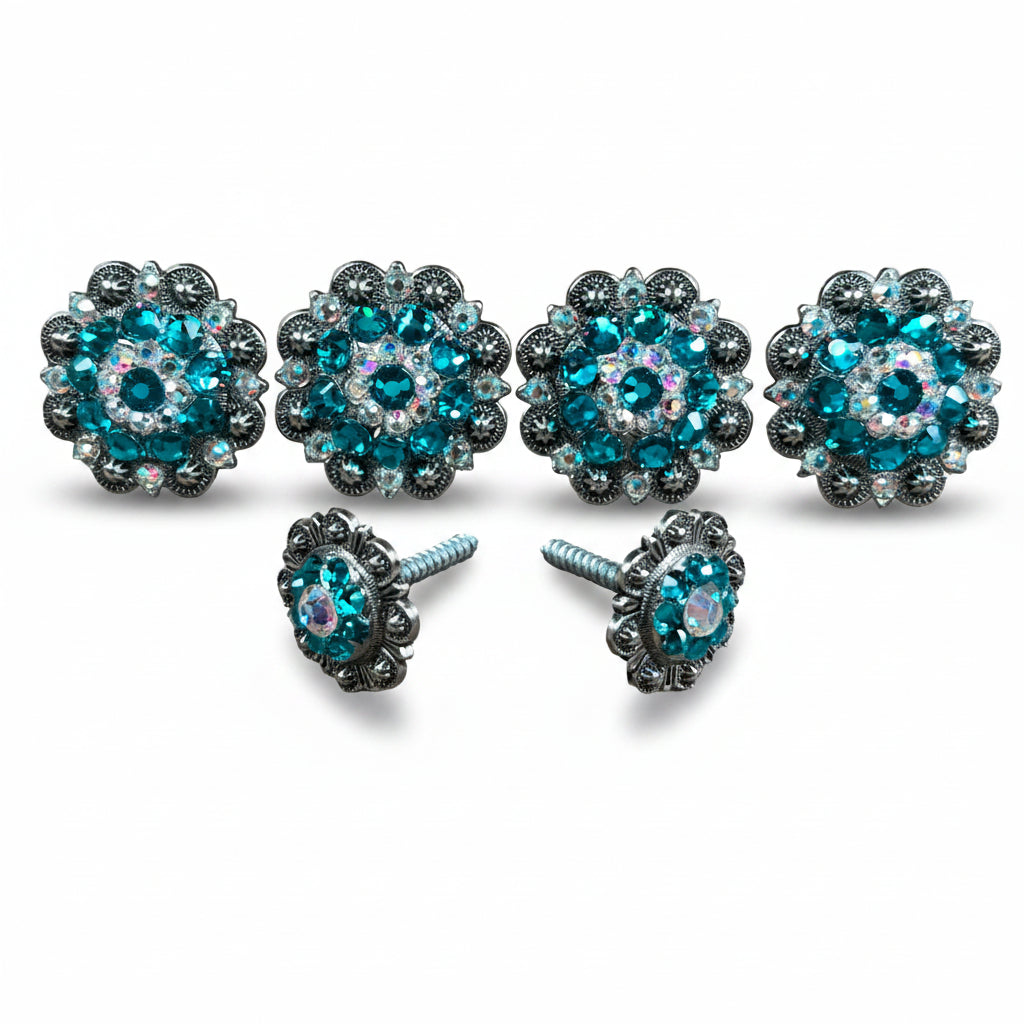 Antique Silver Teal & AB Saddle Conchos — view 2