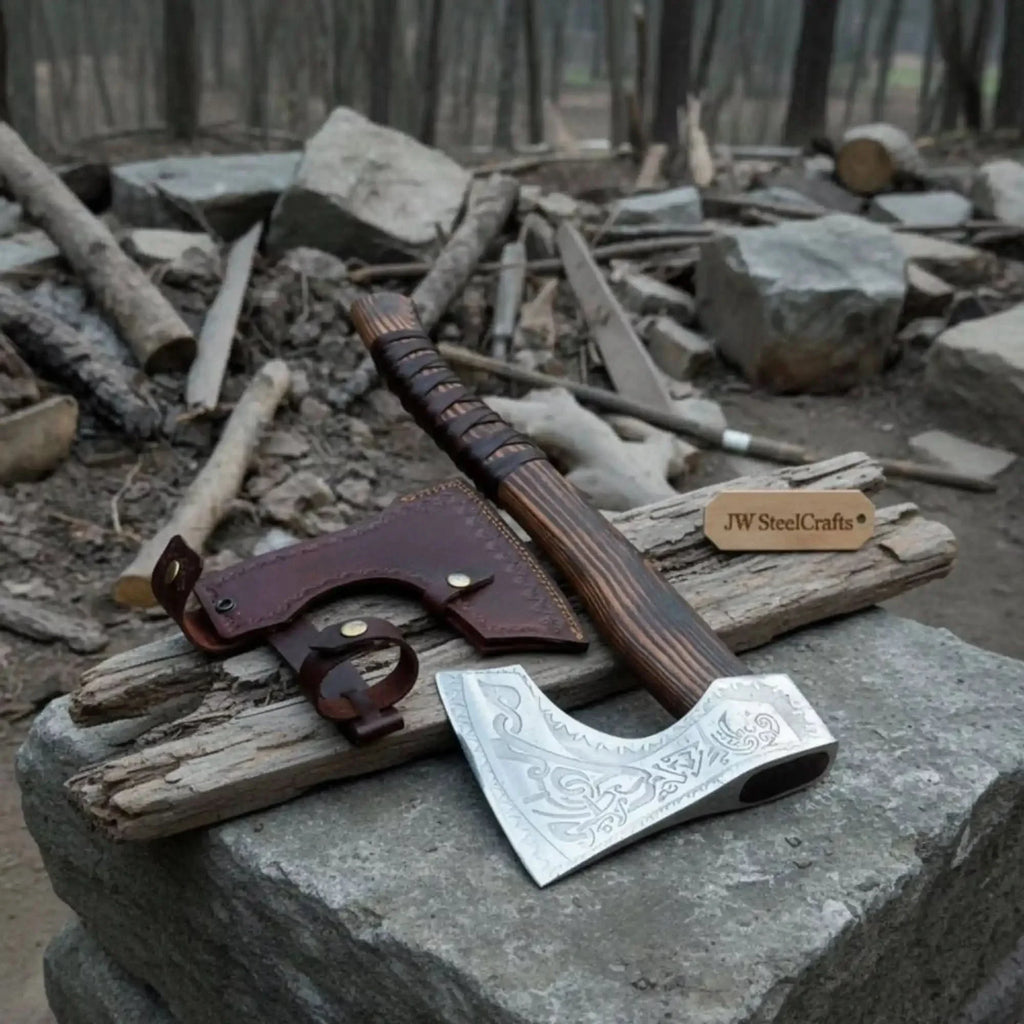 Engraved Carbon Steel Ragnar Axe with Bearded Head