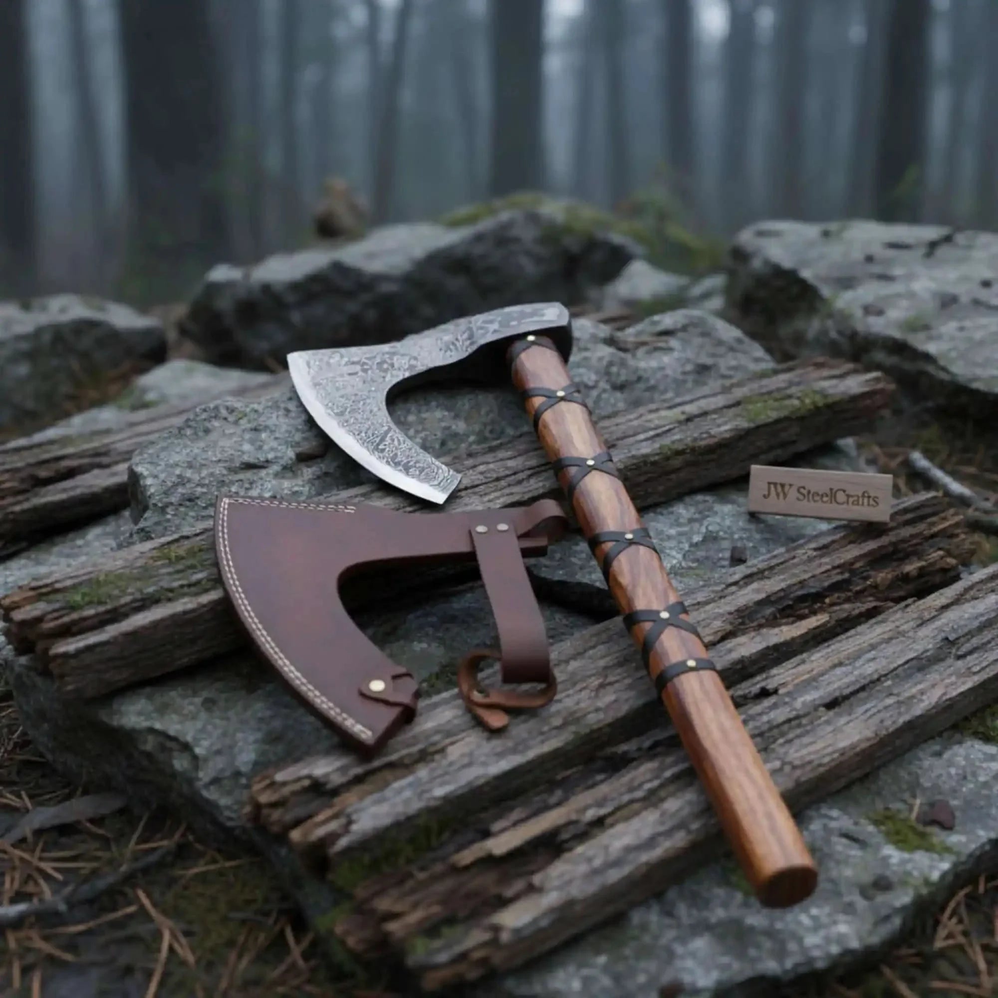 Handmade Damascus Skeggøx Bearded Axe with Leather Wrap and Sheath