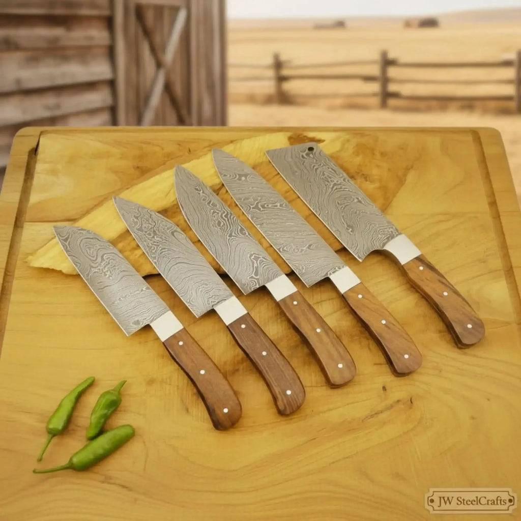 5 Piece Damascus Kitchen Knife Set - Walnut Wood Handle Professional Cooking Knife Set