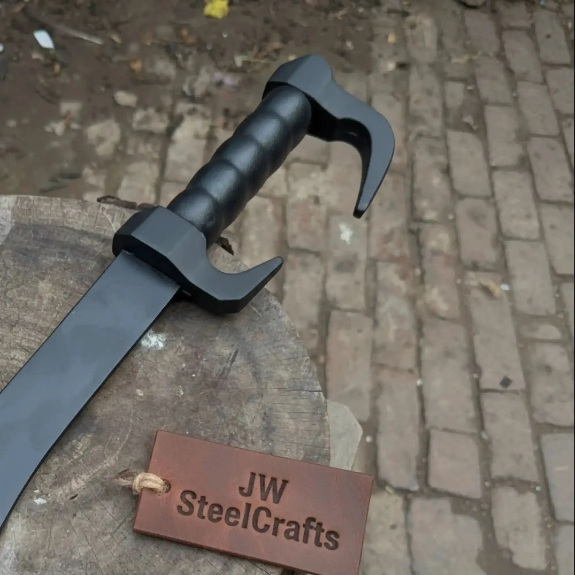 Handmade Fantasy Falchion Sword in Blackened Steel with Curved Blade