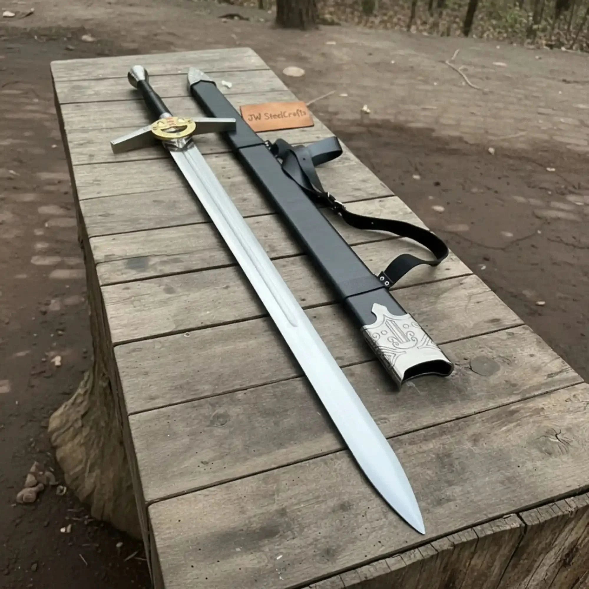 King's Oath Fantasy Longsword Replica Gold Guard, Gemstone Inlays & Leather Scabbard