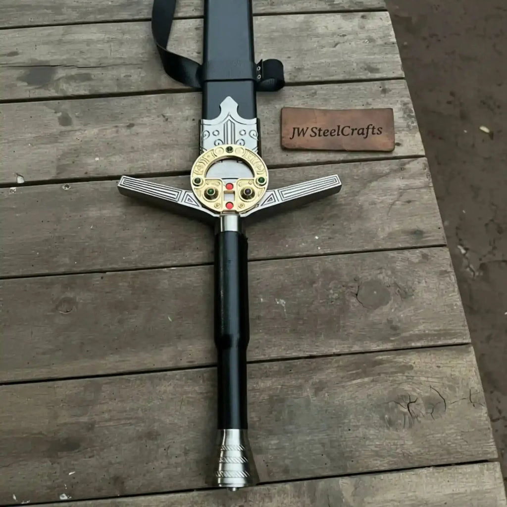 King's Oath Fantasy Longsword Replica Gold Guard, Gemstone Inlays & Leather Scabbard