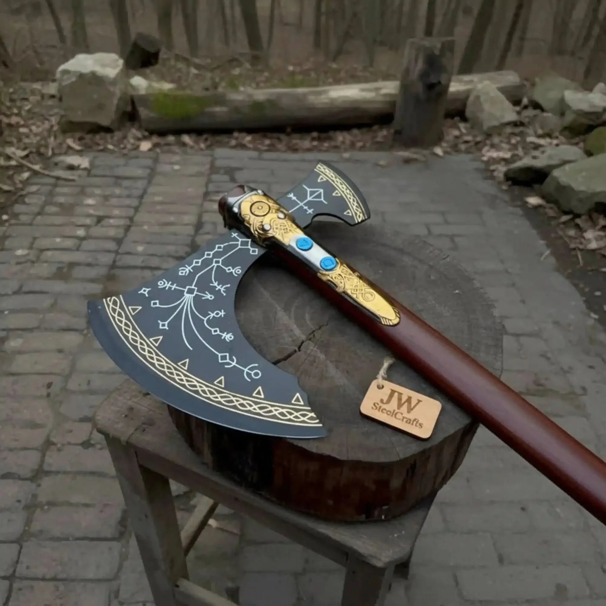 Hand Forged Viking Fantasy Double-Bit Axe with Norse Engraving, Gold Handle Fittings and Blue Gemstone Inlays