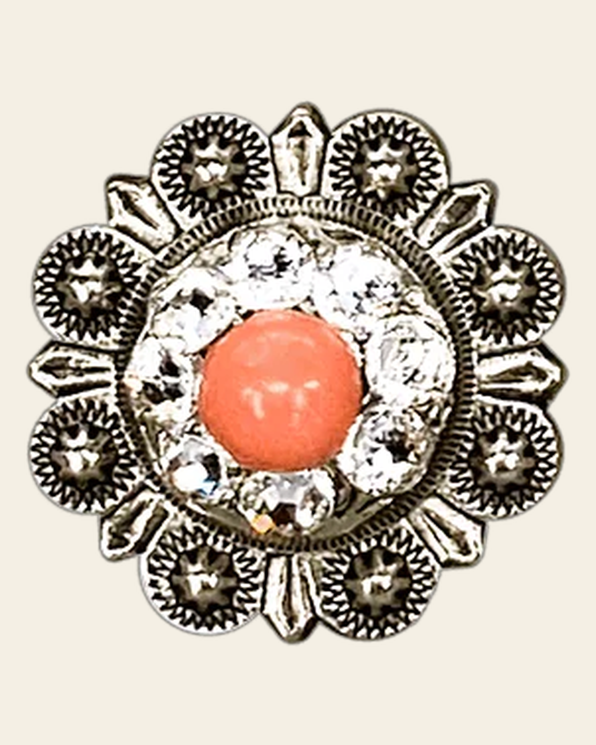 Fashion Coral & Clear Antique Silver 1" European Crystal Concho on a warm cream background