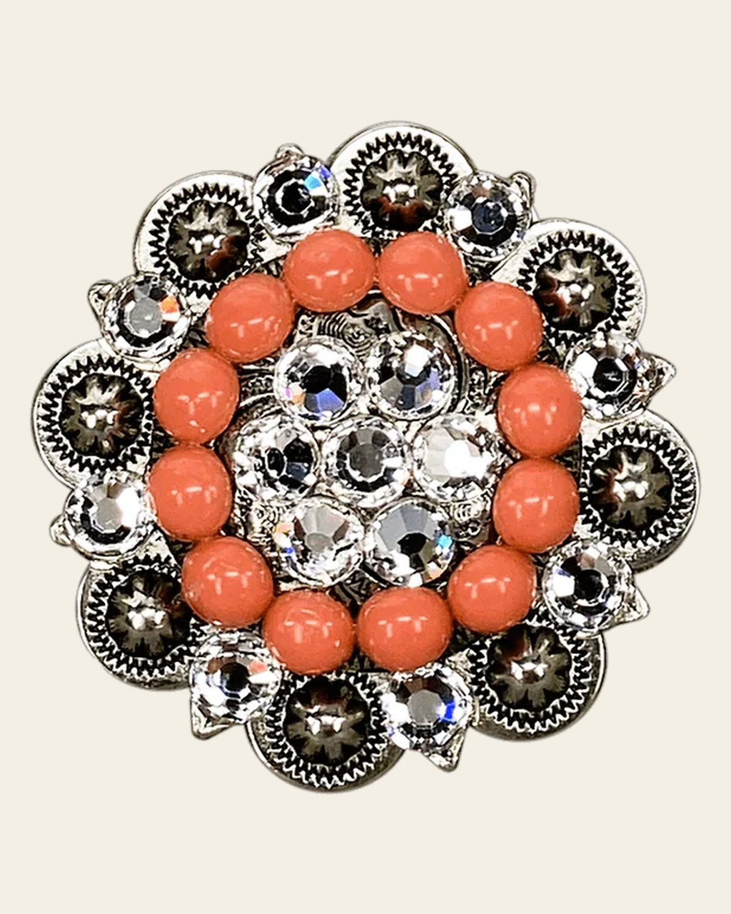 Fashion Coral & Clear Antique Silver 2" European Crystal Concho on a warm cream background