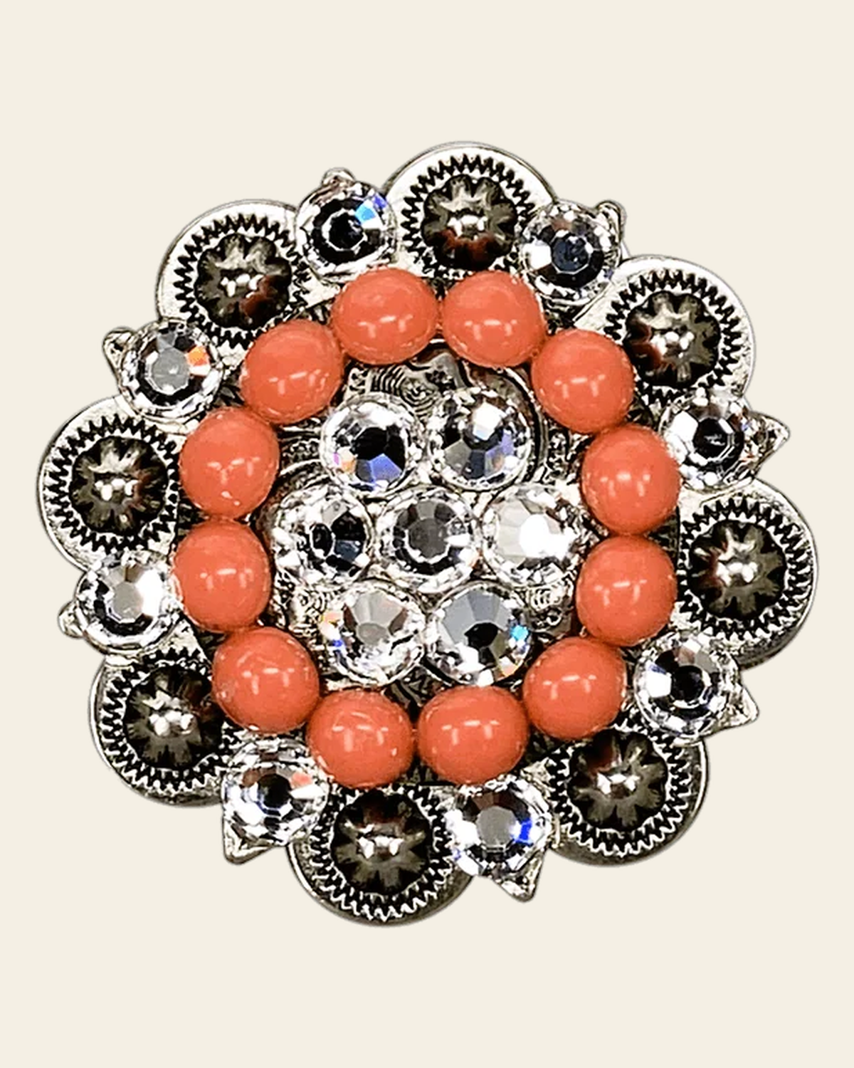 Fashion Coral & Clear Antique Silver 2" European Crystal Concho on a warm cream background