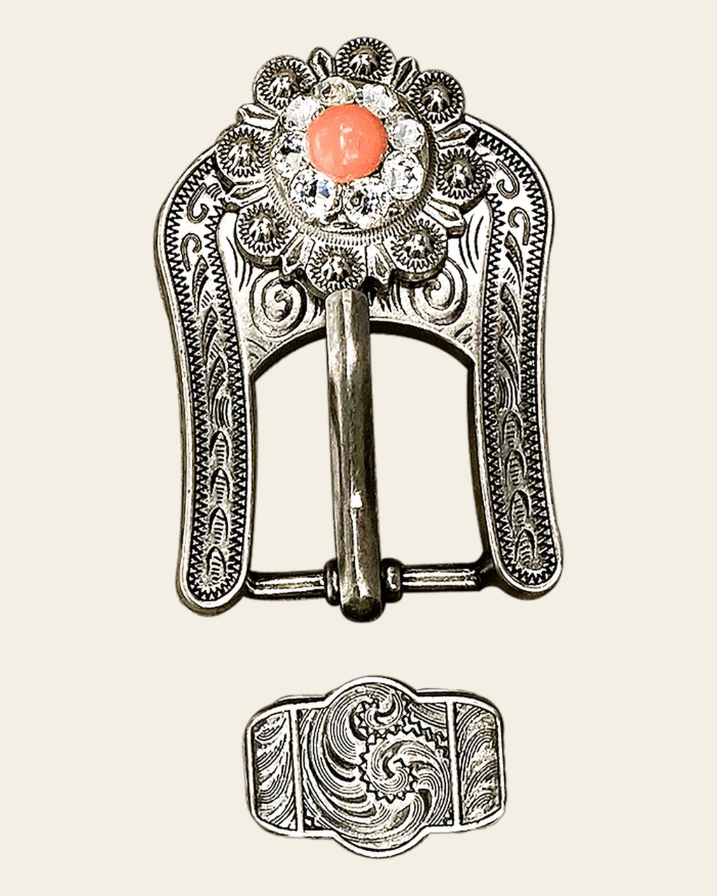 Fashion Coral and Clear Antique Silver European Crystal Buckle and Keeper Set on a warm cream background