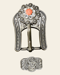 Fashion Coral and Clear Antique Silver European Crystal Buckle and Keeper Set on a warm cream background