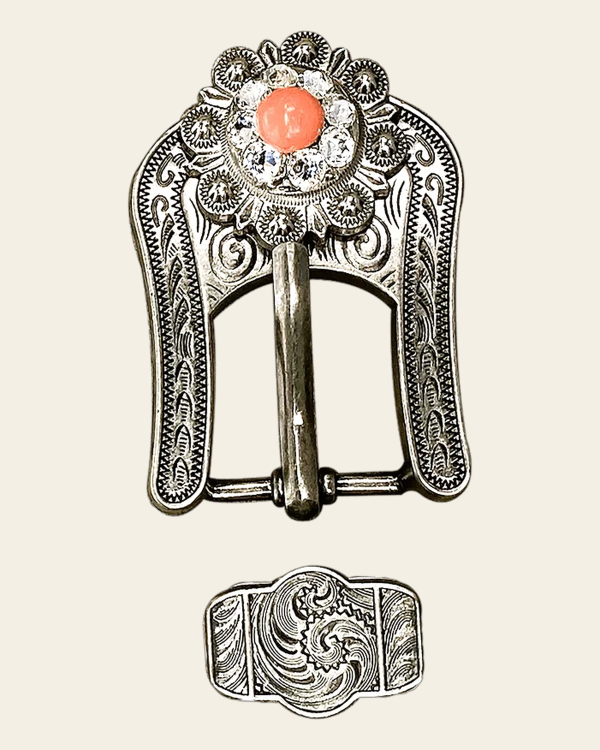 Fashion Coral and Clear Antique Silver European Crystal Buckle and Keeper Set on a warm cream background