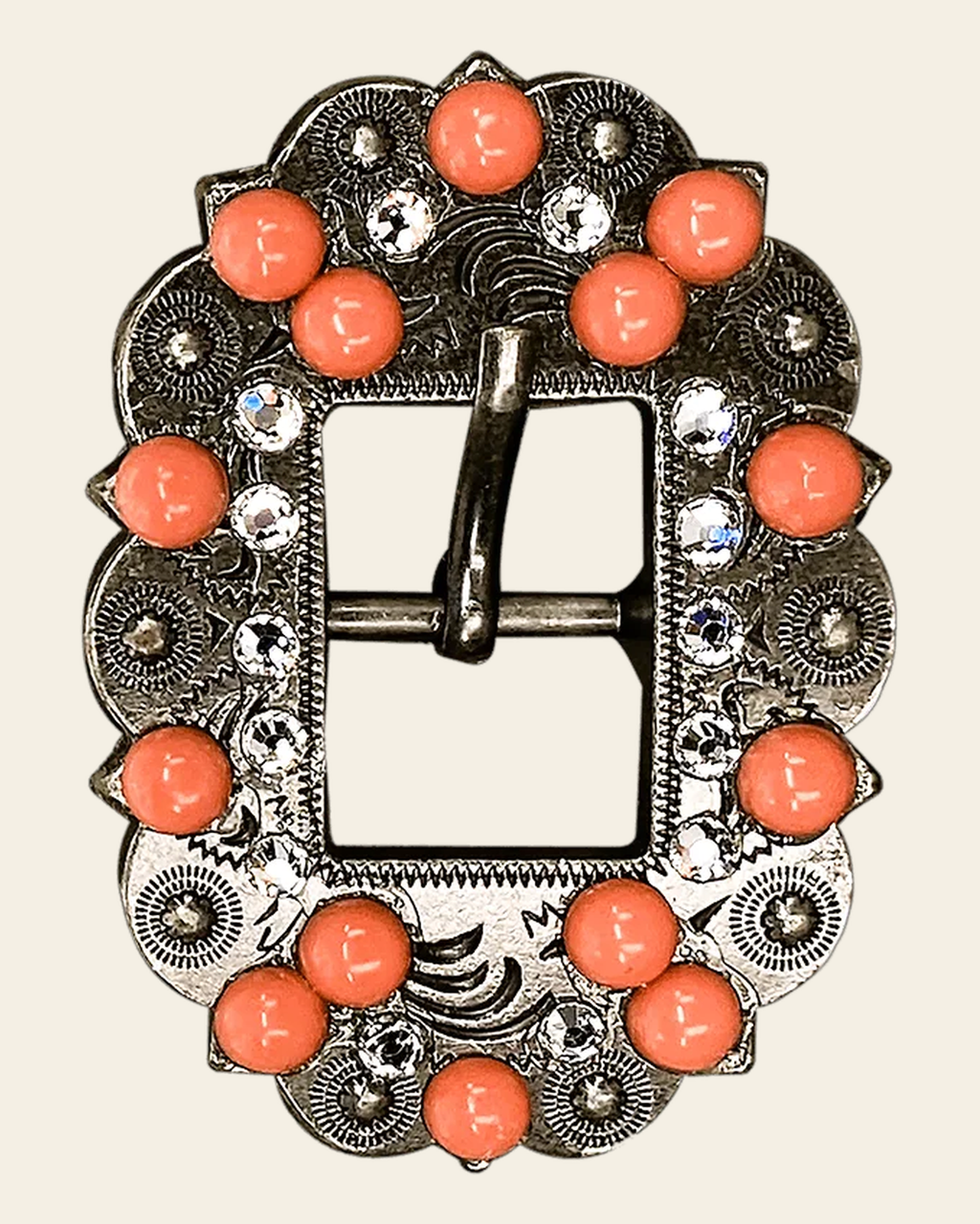 Fashion Coral & Clear Antique Silver European Crystal Cart Buckle on a warm cream background