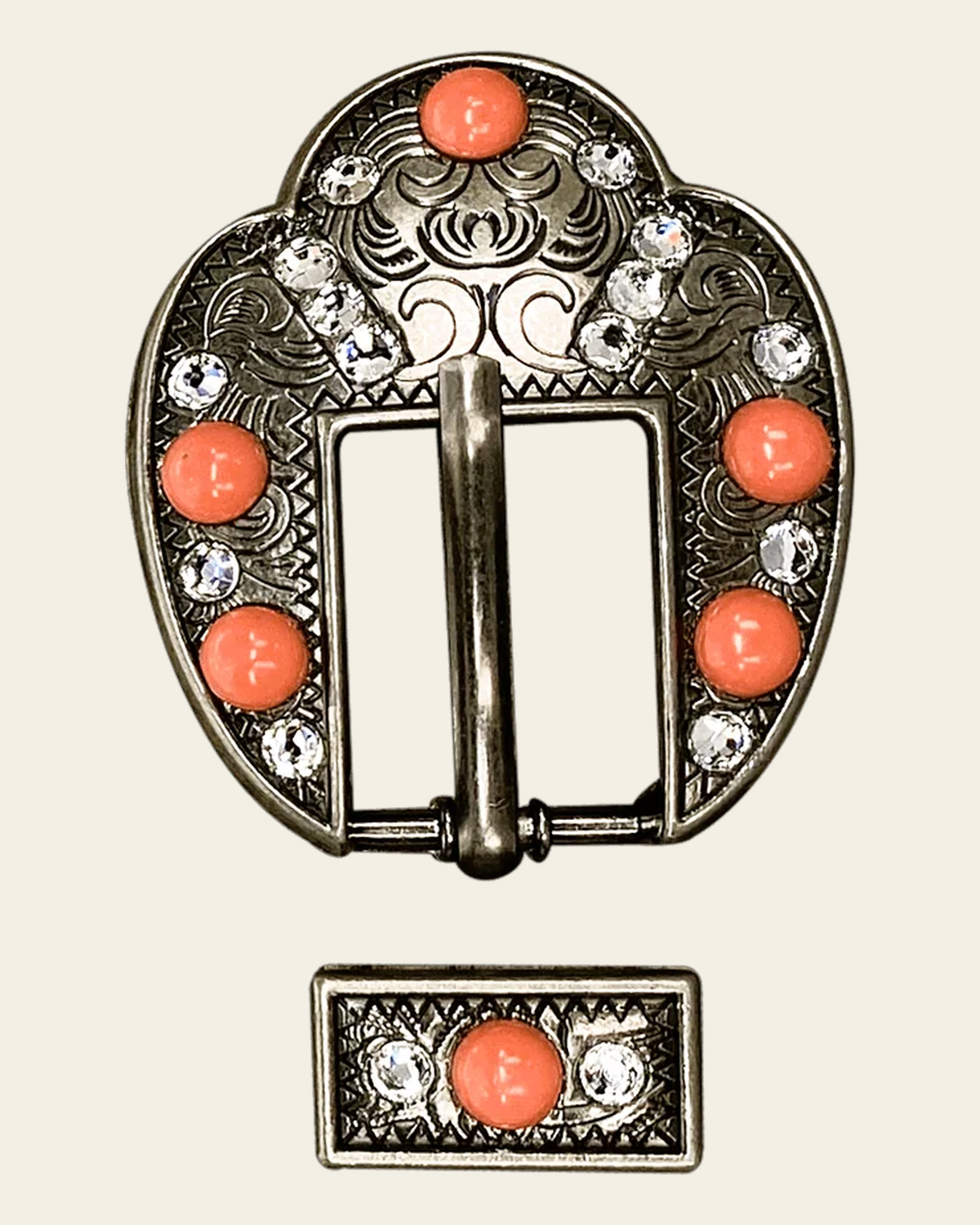Fashion Coral & Clear Antique Silver European Crystal Fancy Buckle& on a warm cream background