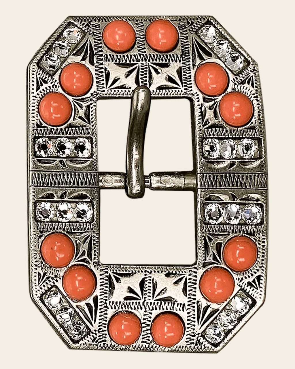 Fashion Coral & Clear Antique Silver European Crystal Square Cart Buckle on a warm cream background