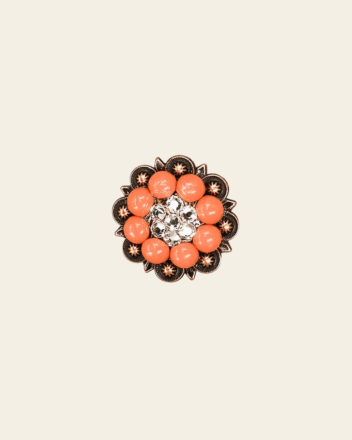 Fashion Coral & Clear Copper 1.25" European Crystal Concho on a warm cream background