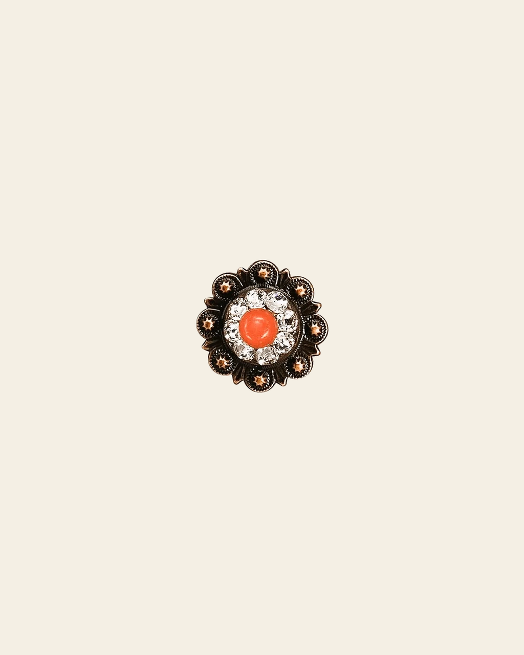 Fashion Coral & Clear Copper 1" European Crystal Concho on a warm cream background