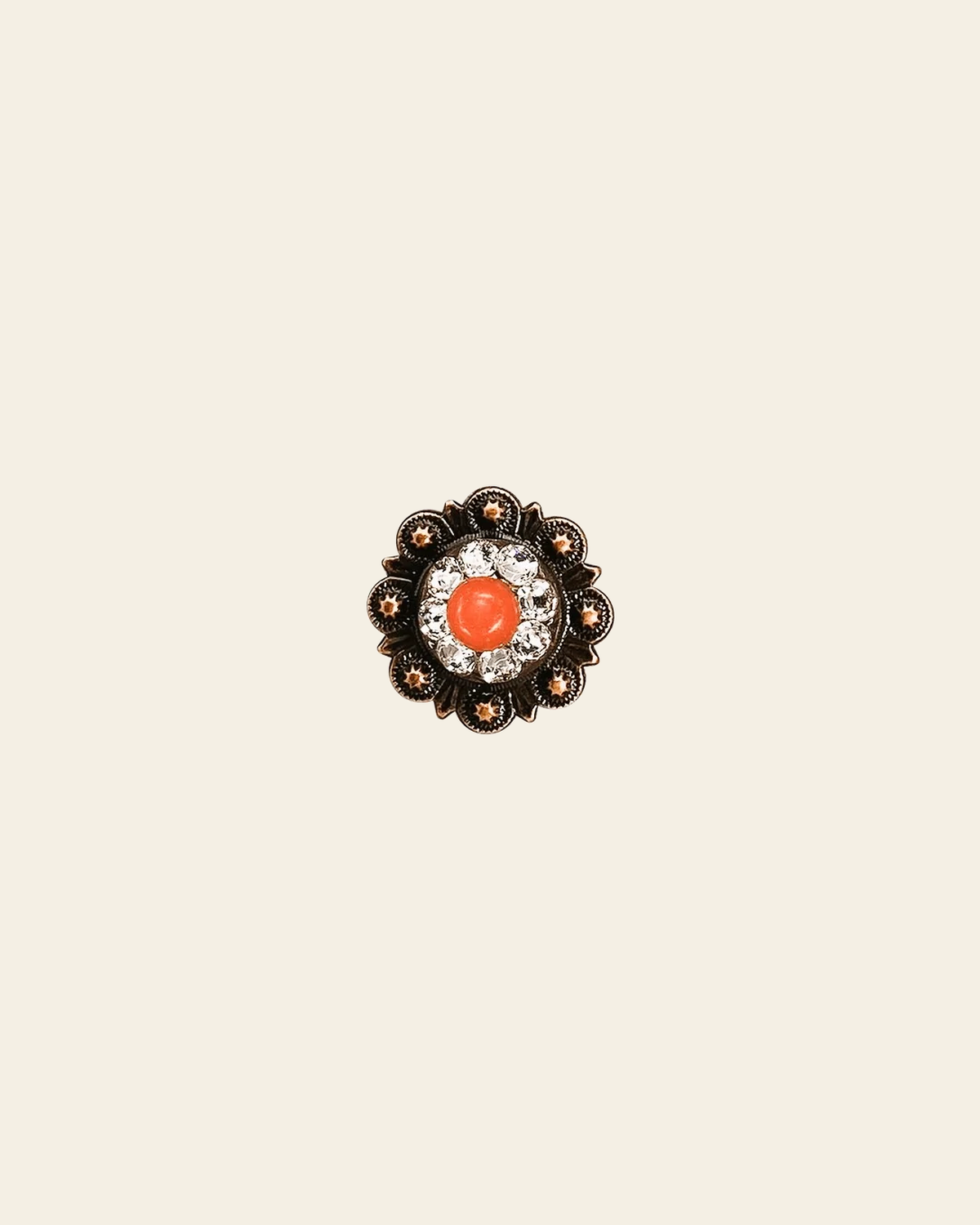 Fashion Coral & Clear Copper 1" European Crystal Concho on a warm cream background