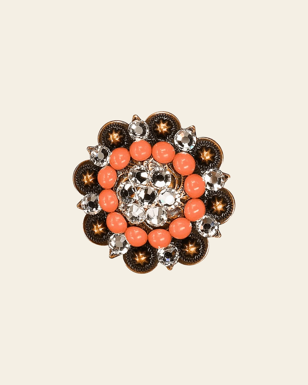 Fashion Coral & Clear Copper 2" European Crystal Concho on a warm cream background