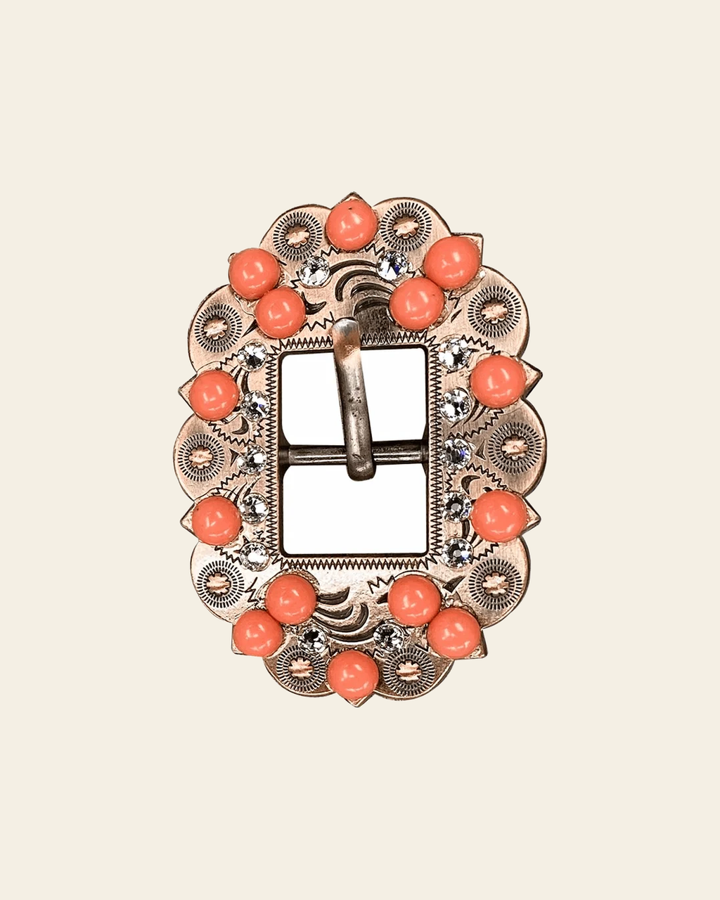 Fashion Coral & Clear Copper European Crystal Cart Buckle on a warm cream background