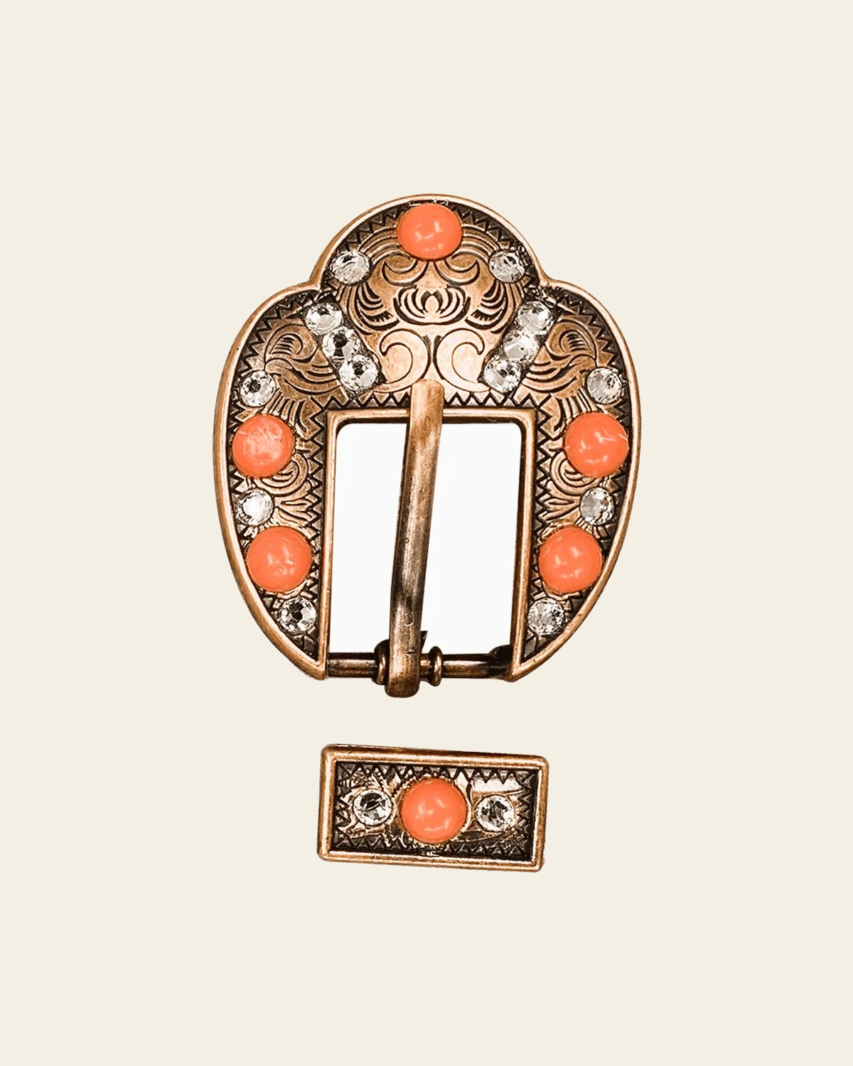 Fashion Coral & Clear Copper European Crystal Fancy Buckle on a warm cream background