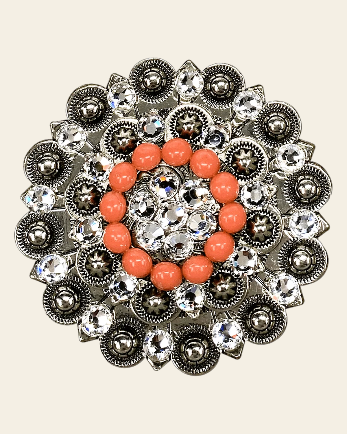 Fashion Coral & Clear Antique Silver Berry Jacket European Crystal Concho on a warm cream background