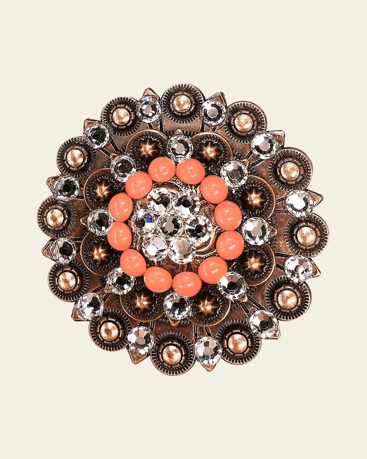Fashion Coral & Clear Copper Berry Jacket European Crystal Concho on a warm cream background