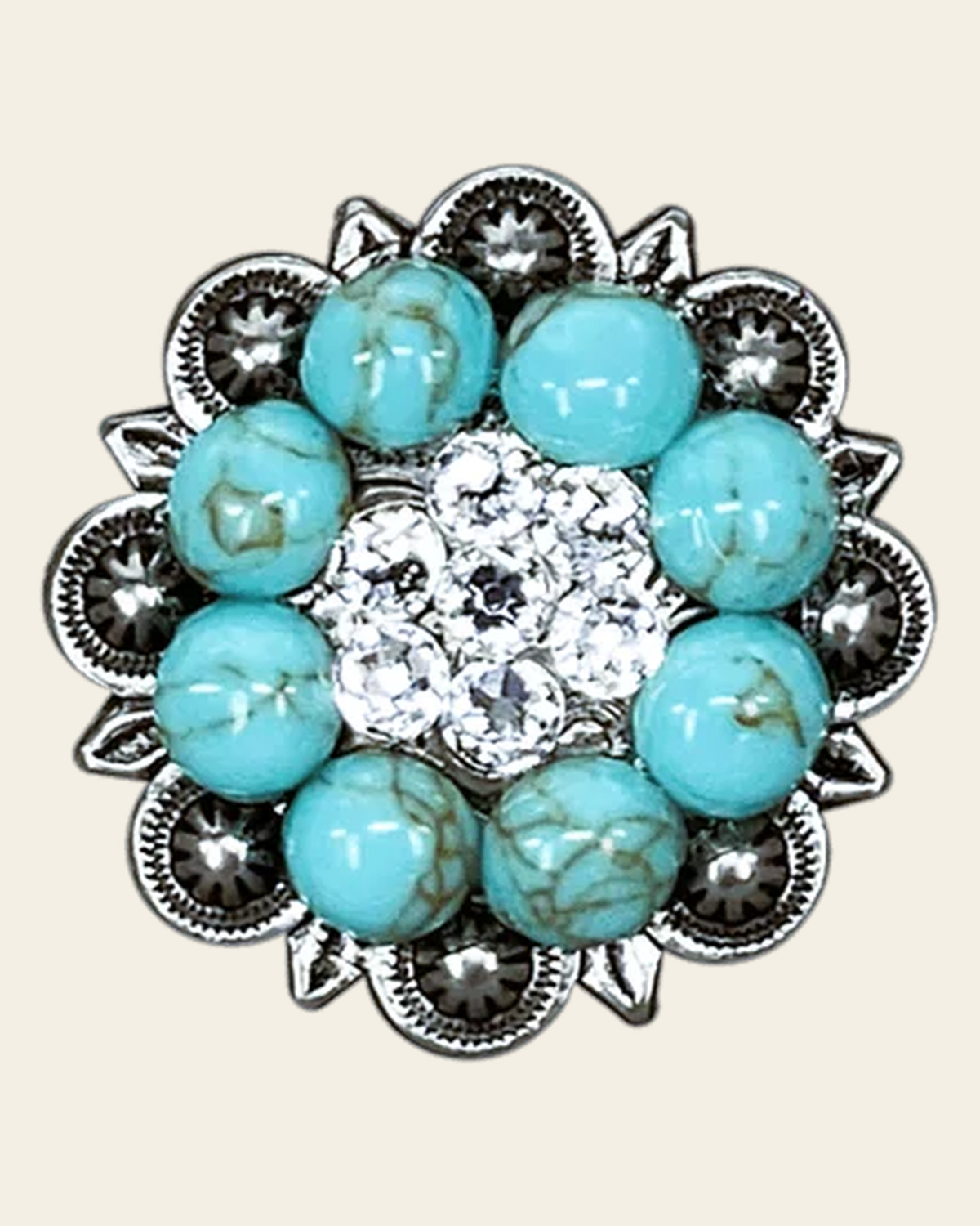 Fashion Turquoise & Clear Antique Silver 1.25" European Crystal Concho on a warm cream background