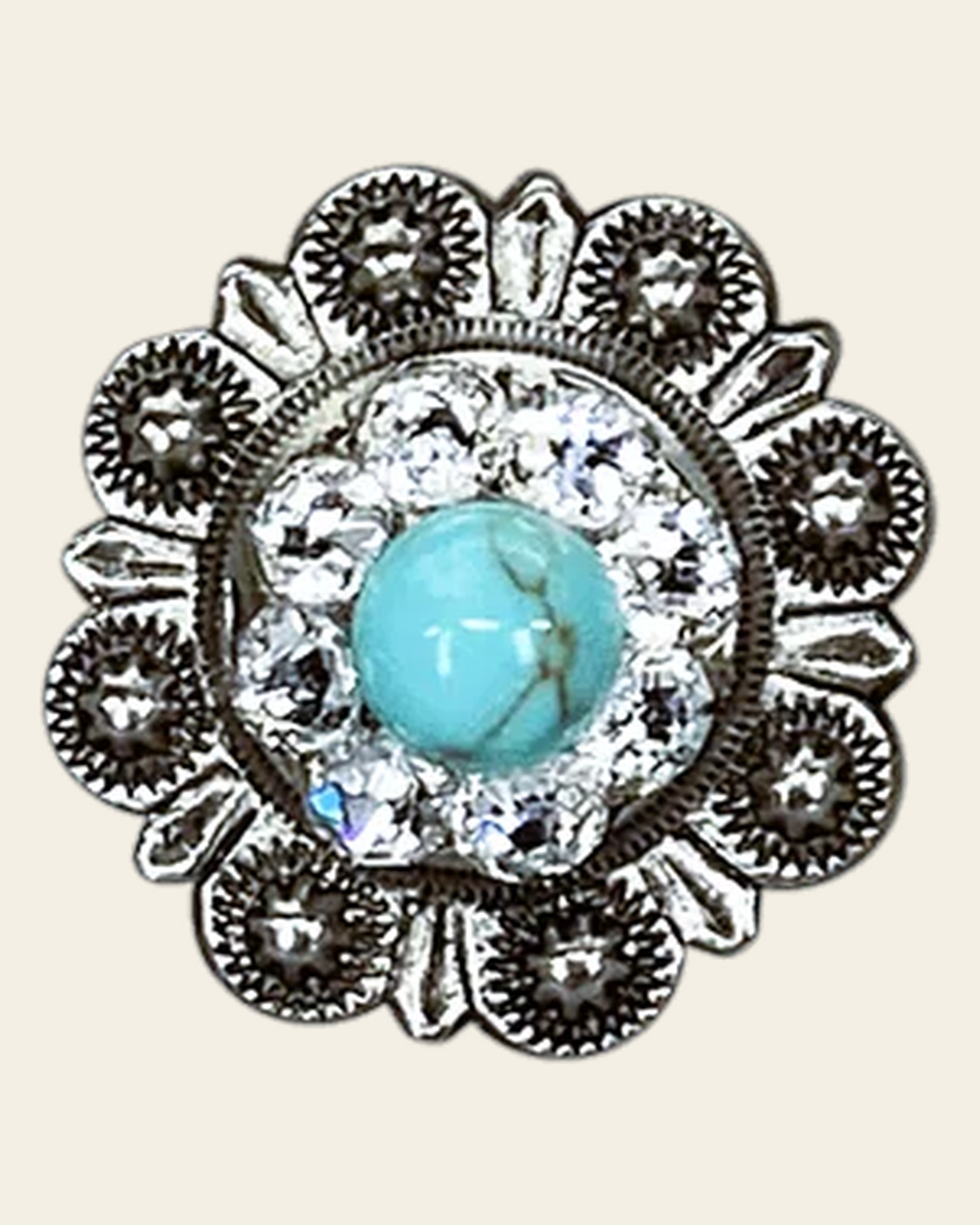Fashion Turquoise & Clear Antique Silver 1" European Crystal Concho on a warm cream background