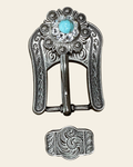 Fashion Turquoise and Clear Antique Silver European Crystal Buckle and Keeper Set on a warm cream background
