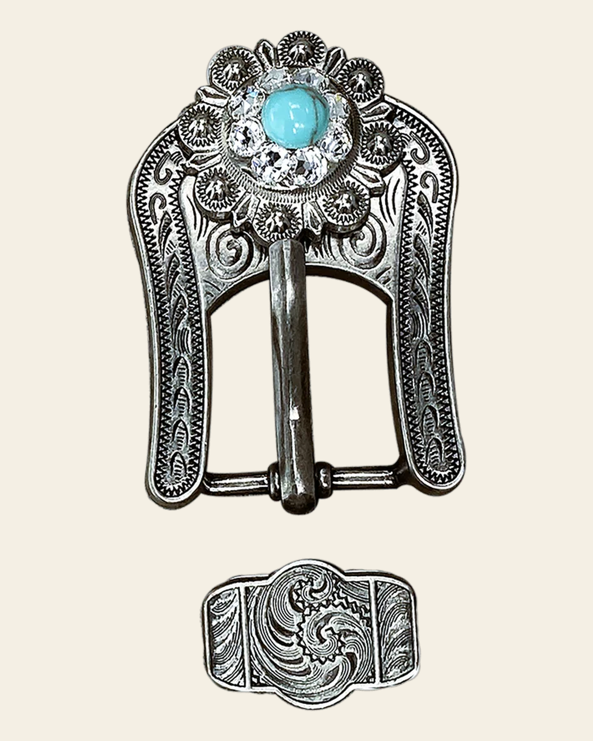 Fashion Turquoise and Clear Antique Silver European Crystal Buckle and Keeper Set on a warm cream background