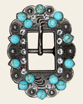 Fashion Turquoise & Clear Antique Silver European Crystal Cart Buckle on a warm cream background