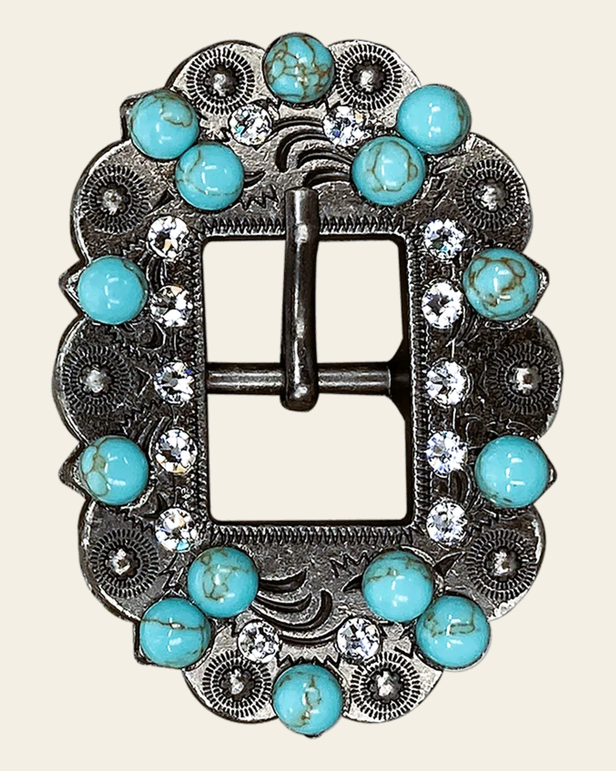 Fashion Turquoise & Clear Antique Silver European Crystal Cart Buckle on a warm cream background