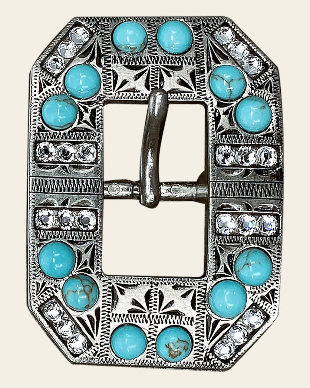 Fashion Turquoise & Clear Antique Silver European Crystal Square Cart Buckle on a warm cream background