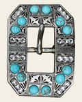 Fashion Turquoise & Clear Antique Silver European Crystal Square Cart Buckle on a warm cream background
