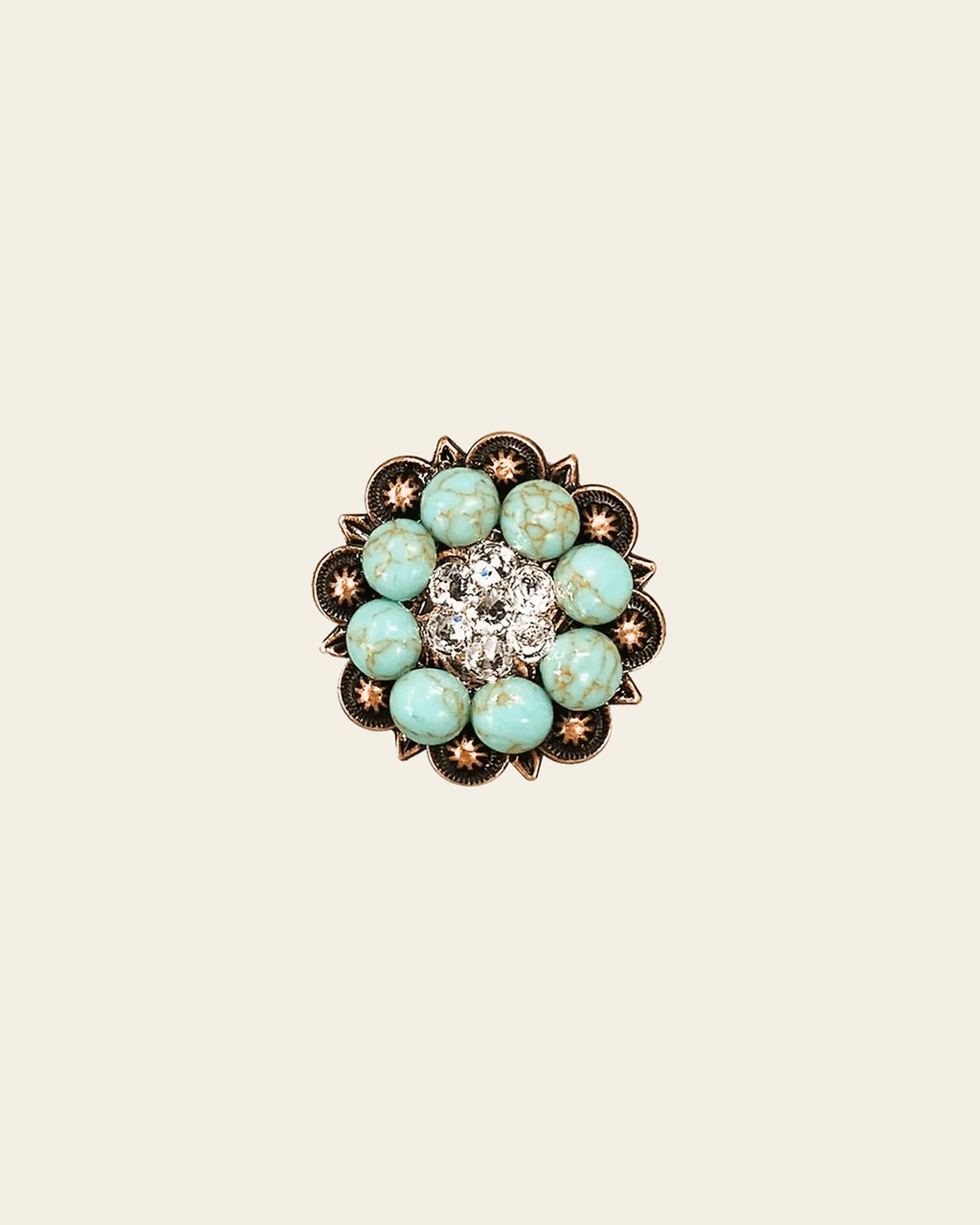 Fashion Turquoise & Clear Copper 1.25" European Crystal Concho on a warm cream background