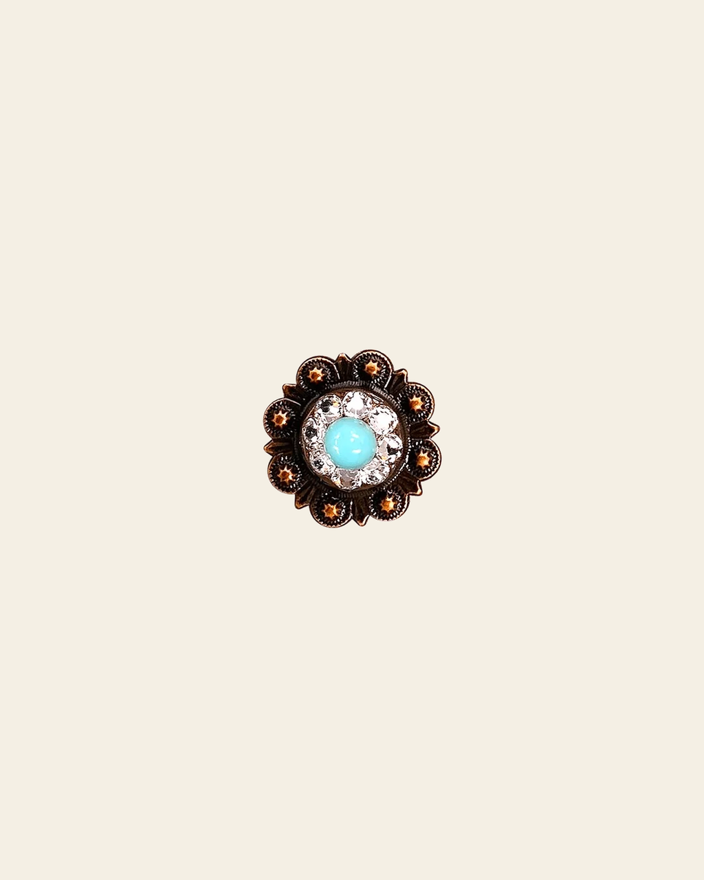 Fashion Turquoise & Clear Copper 1" European Crystal Concho on a warm cream background