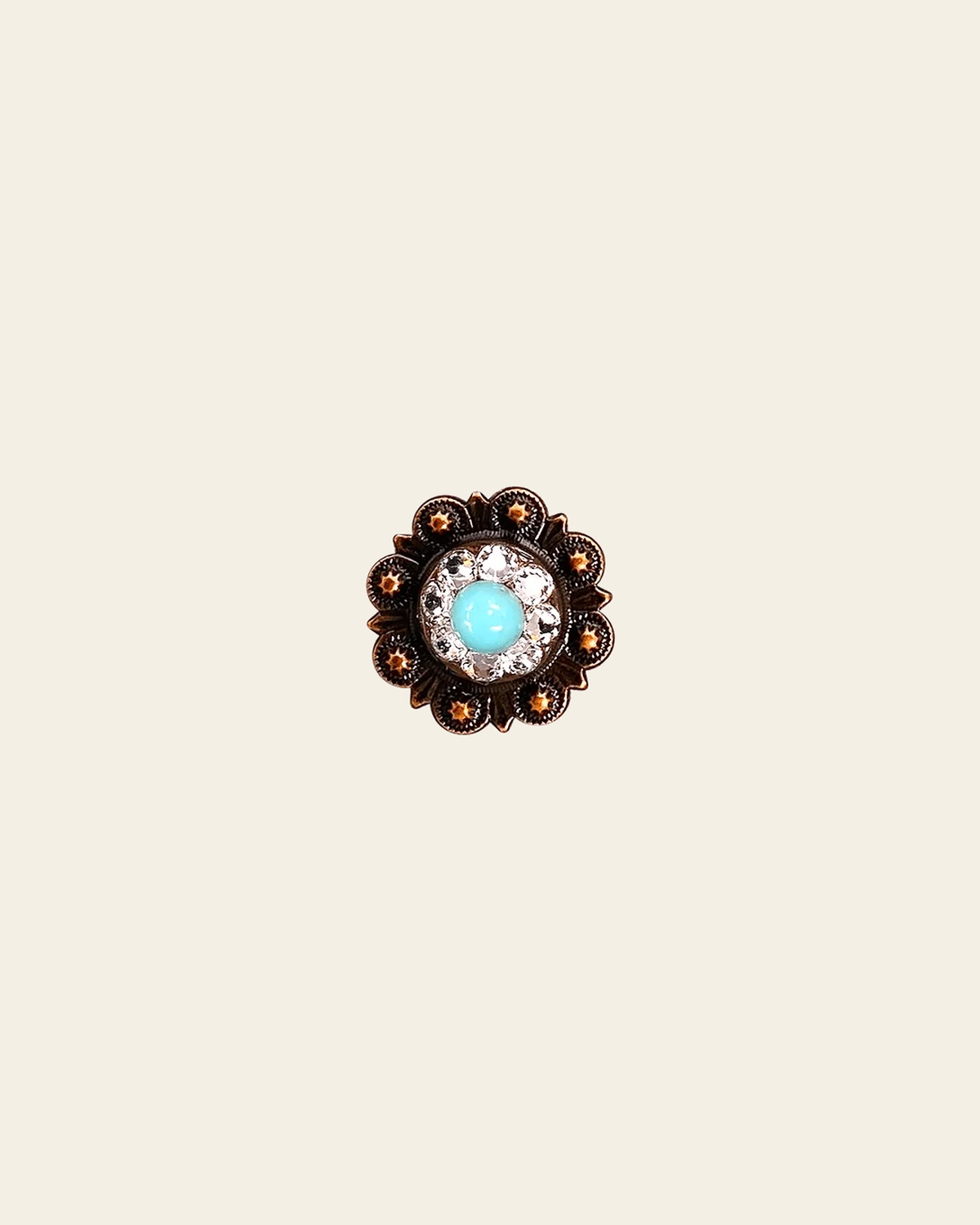Fashion Turquoise & Clear Copper 1" European Crystal Concho on a warm cream background