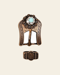 Fashion Turquoise and Clear Copper European Crystal Buckle and Keeper Set on a warm cream background