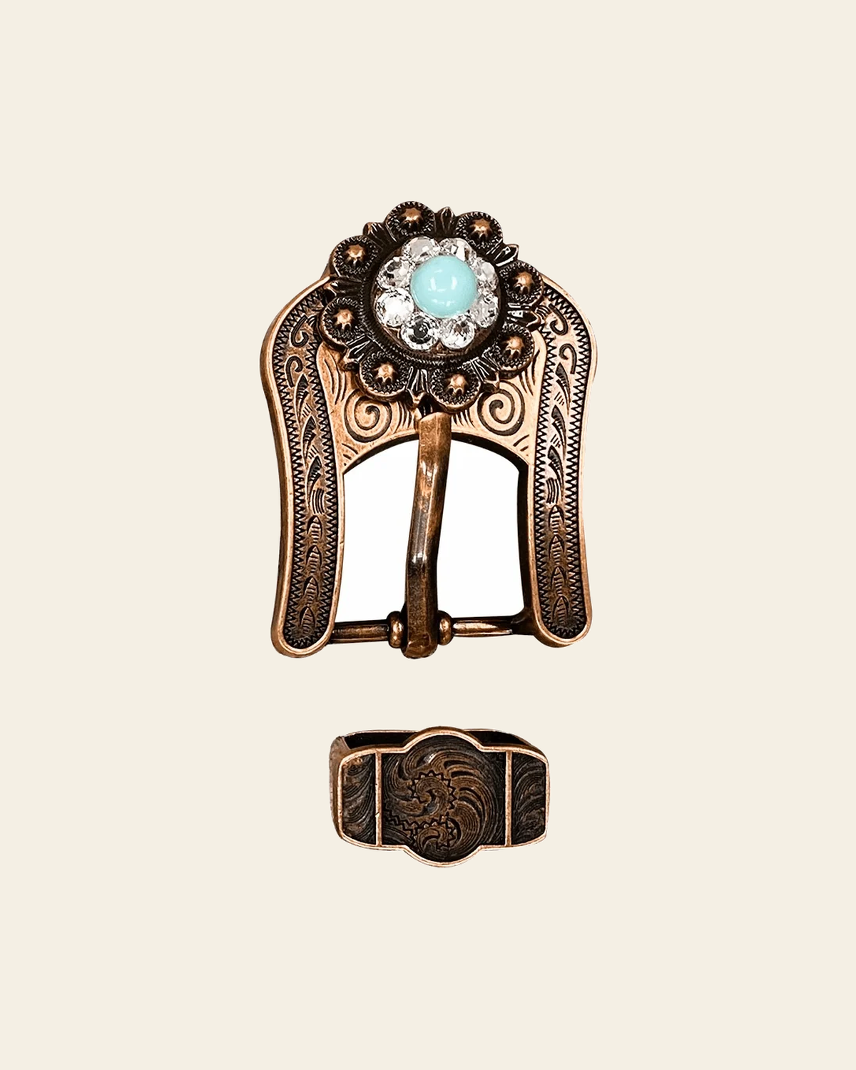 Fashion Turquoise and Clear Copper European Crystal Buckle and Keeper Set on a warm cream background