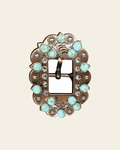 Fashion Turquoise & Clear Copper European Crystal Cart Buckle on a warm cream background