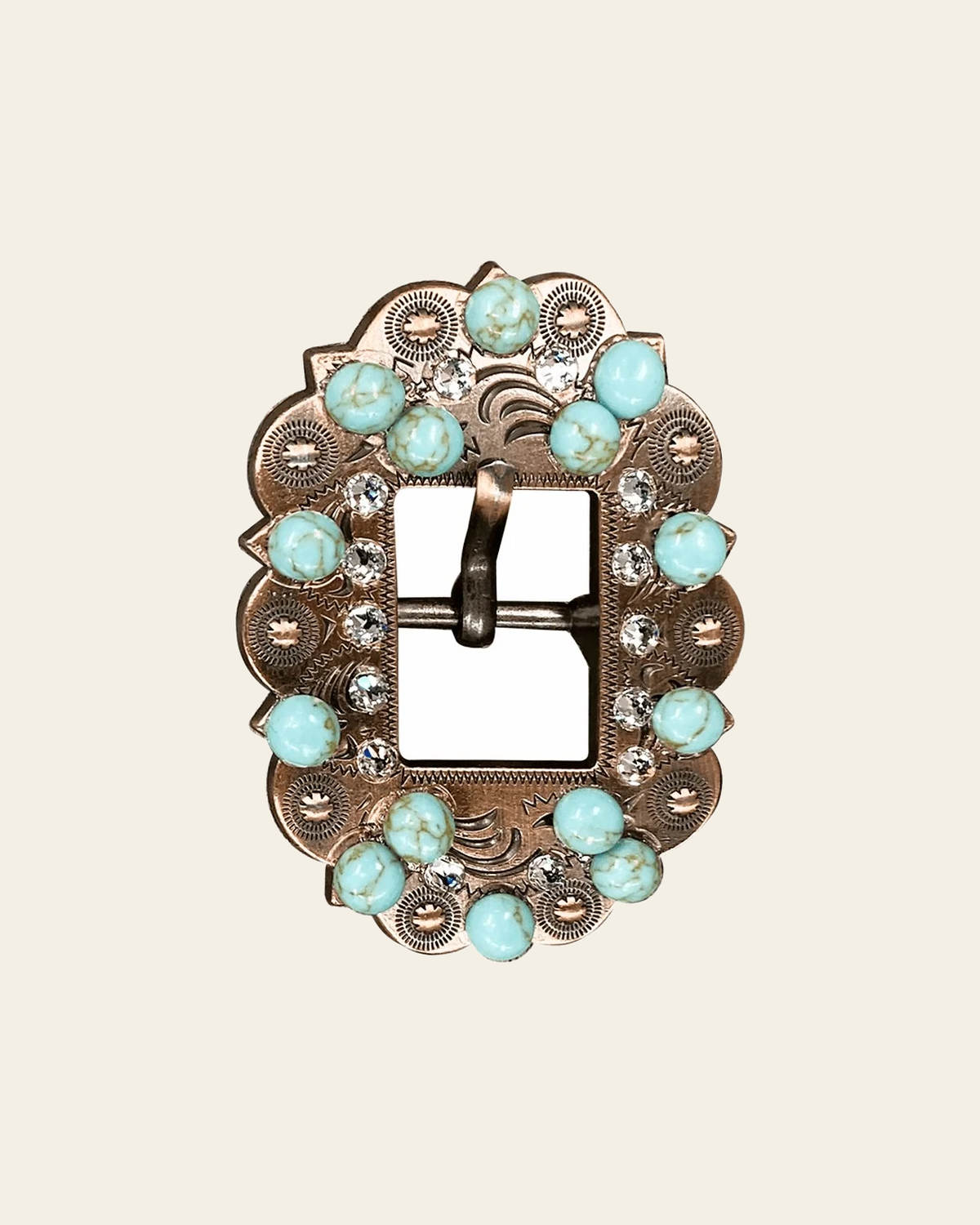 Fashion Turquoise & Clear Copper European Crystal Cart Buckle on a warm cream background
