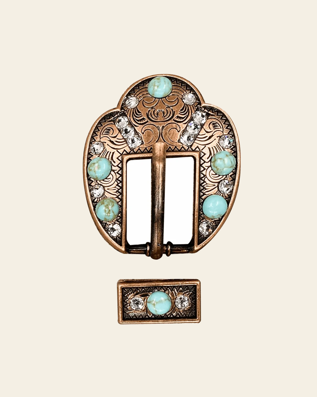 Fashion Turquoise & Clear Copper European Crystal Fancy Buckle on a warm cream background