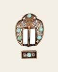 Fashion Turquoise & Clear Copper European Crystal Fancy Buckle on a warm cream background