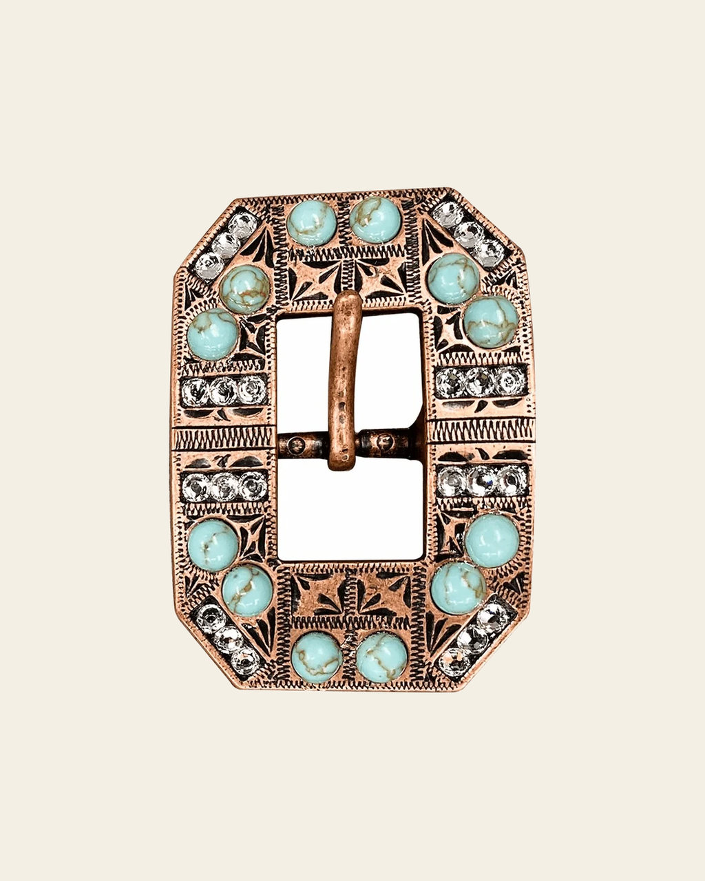 Fashion Turquoise & Clear Copper European Crystal Square Cart Buckle on a warm cream background