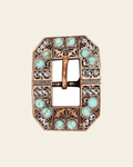 Fashion Turquoise & Clear Copper European Crystal Square Cart Buckle on a warm cream background