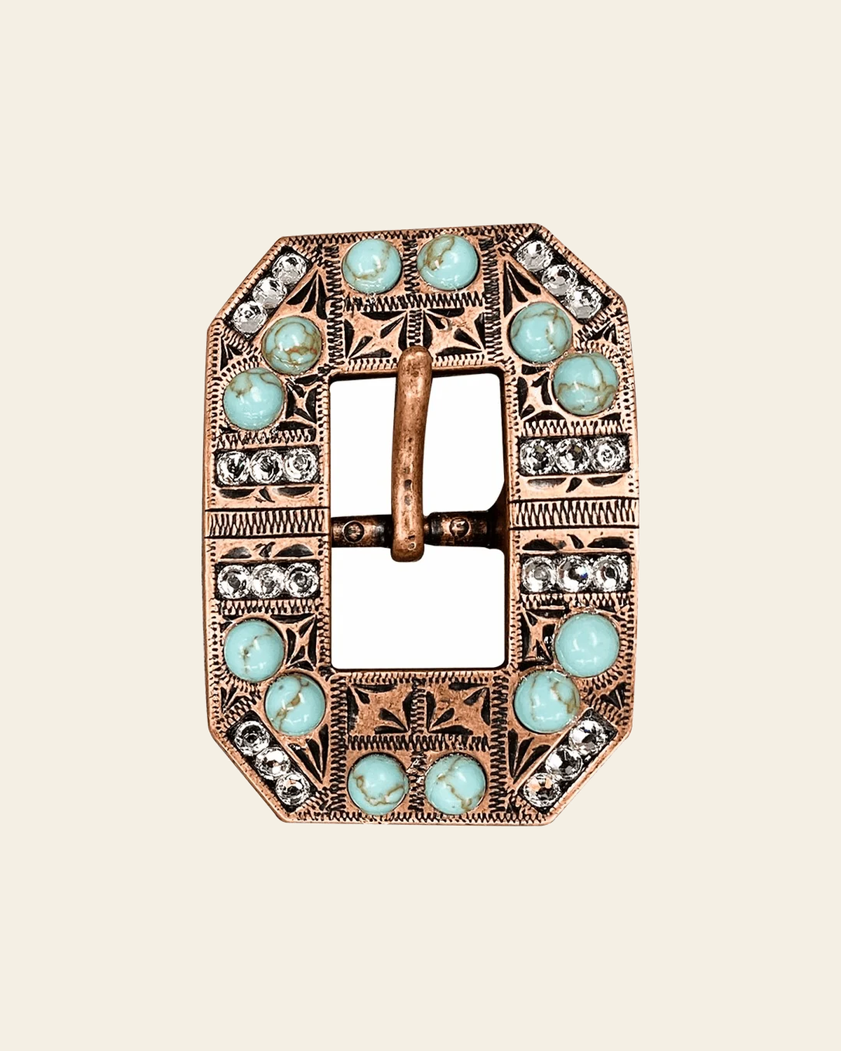 Fashion Turquoise & Clear Copper European Crystal Square Cart Buckle on a warm cream background