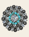 Fashion Turquoise & Clear Antique Silver Berry Jacket European Crystal Concho on a warm cream background