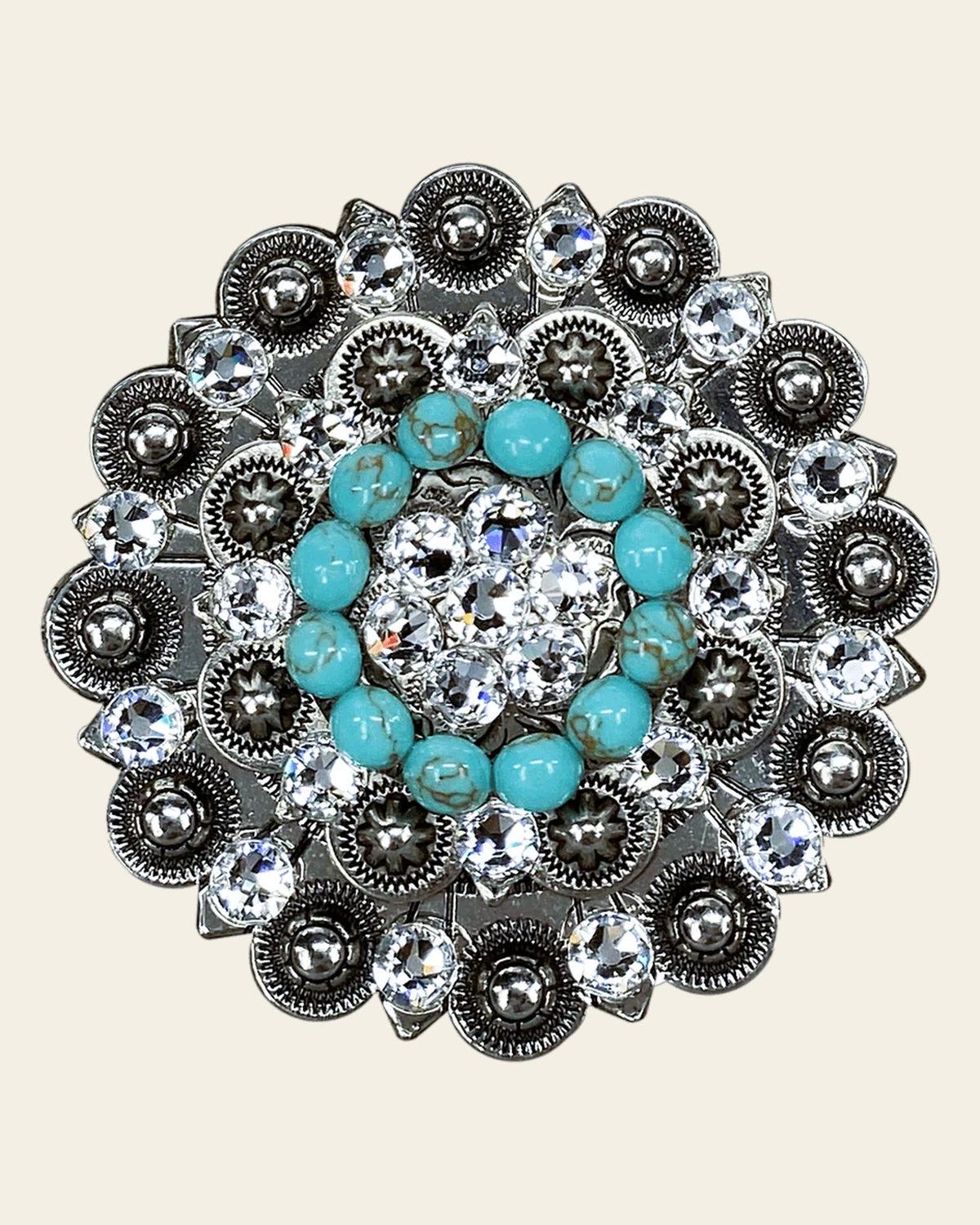 Fashion Turquoise & Clear Antique Silver Berry Jacket European Crystal Concho on a warm cream background