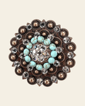 Fashion Turquoise & Clear Copper Berry Jacket European Crystal Concho on a warm cream background