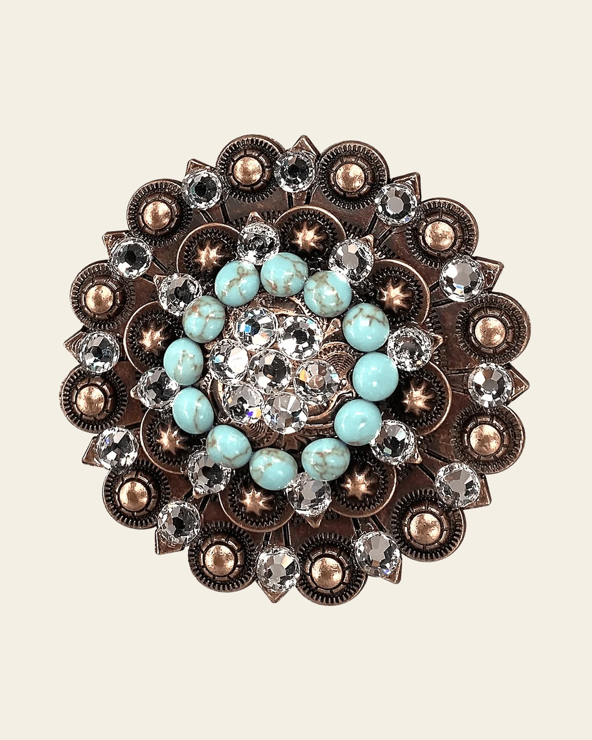 Fashion Turquoise & Clear Copper Berry Jacket European Crystal Concho on a warm cream background